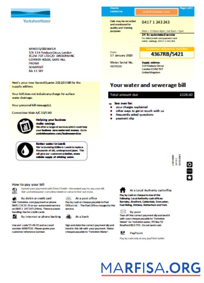 Downloadable Yorkshire water utility business bill, page 1 SCR download for verification